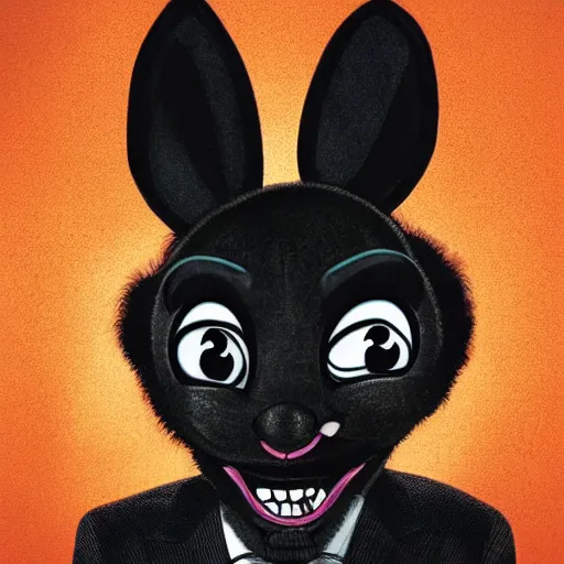 Image similar to A extremely highly detailed majestic hi-res beautiful, highly detailed head and shoulders portrait of a scary terrifying, horrifying, creepy black cartoon rabbit with scary big eyes, earing a shirt laughing, hey buddy, let's be friends, in the style of Walt Disney