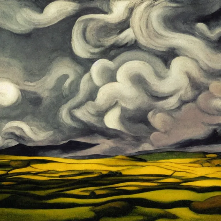 Image similar to dramatic landscape of donegal ireland after the storm, mammatus clouds and lenticular clouds, by edward hopper and giorgio de chirico