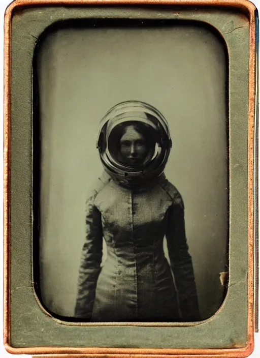 Image similar to wetplate daguerreotype portrait of futuristic astronaut woman, elegant, by louis jacques mande daguerre