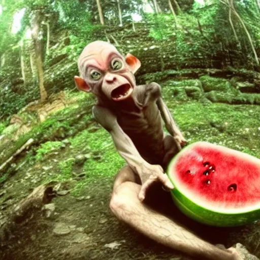 Image similar to Gollum eating watermelon, action, go pro