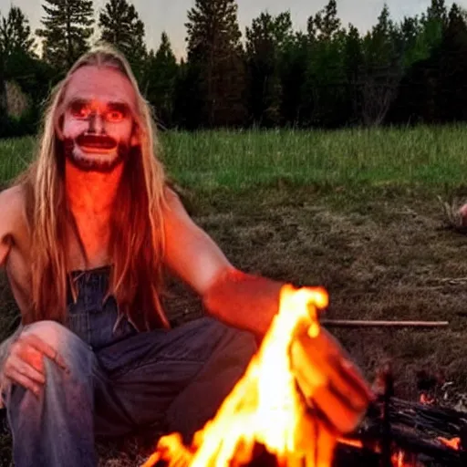 Image similar to photo of hillbilly with long blonde hair around a bonfire, symmetric face