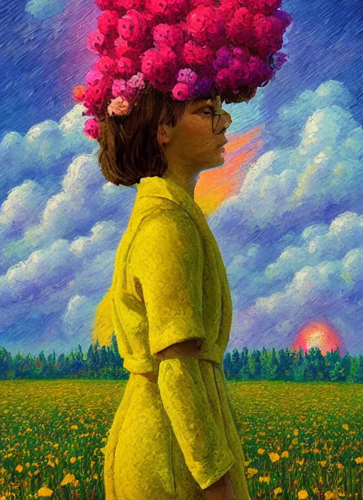 Image similar to girl with giant flower as a face and flower dress, standing in a flower field hills, big trees, sunrise dramatic light, impressionist painting, colorful clouds, digital painting, pointillism, artstation, simon stalenhag