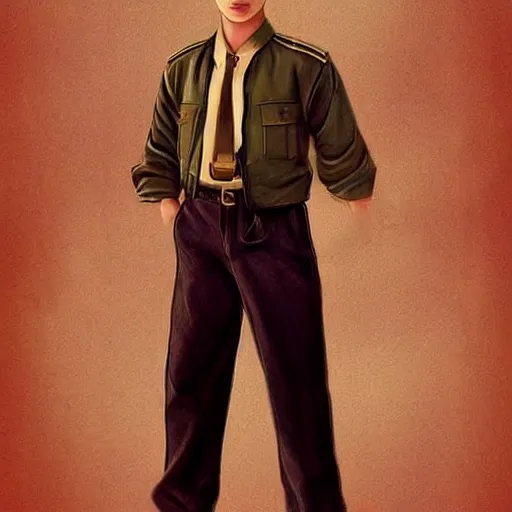 Image similar to a highly detailed epic cinematic concept art CG render digital painting artwork costume design: young James Dean as a well-kept neat perfect formal student in a 1950s USSR school uniform. By Mandy Jurgens, Lim Chuan Shin, Simon Cowell, Barret Frymire, Dan Volbert, Beeple, Butcher Billy, David Villegas, Irina French, Heraldo Ortega, Rachel Walpole, Jeszika Le Vye, trending on ArtStation, excellent composition, cinematic atmosphere, dynamic dramatic cinematic lighting, aesthetic, very inspirational, arthouse