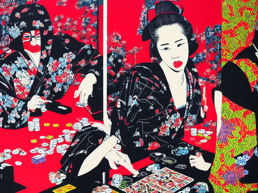 Image similar to hyperrealism composition of the detailed woman in a japanese kimono sitting at an extremely detailed poker table with darth vader, fireworks on the background, pop - art style, jacky tsai style, andy warhol style, acrylic on canvas