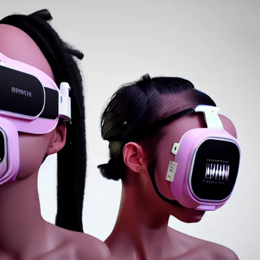 Image similar to intense futuristic bespoke vr headset respirator with long cables like dreadlocks on a set of twin humble hypebeasts, by ilya kuvshinov and james jean and sorayama and ikeuchi and hyein seo and hiroya oku and gilleard james, artstation trending, 8 k, 3 d render, photorealistic, volumetric lighting caustics, pink