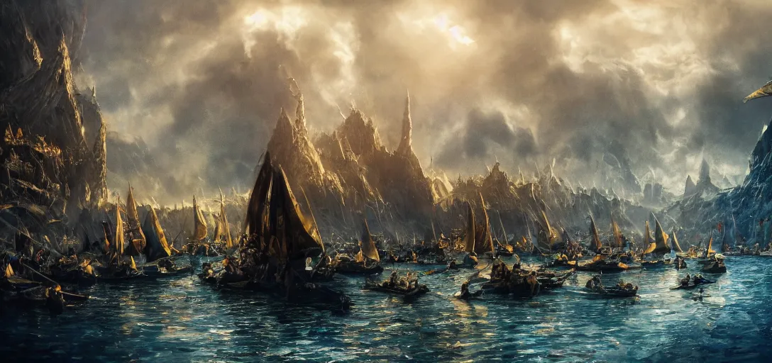 Image similar to cinematic, high - fantasy, market aquare, blue and gold boats, dozens of people, hybrid from the lord of the rings and art direction by darius zawadzki, sharp focus, highly detailed, wideangle epic scale, dynamic dramatic lighting, shadows, cinematic atmosphere, artstation, hyperrealistic, 8 k 4 k uhd image