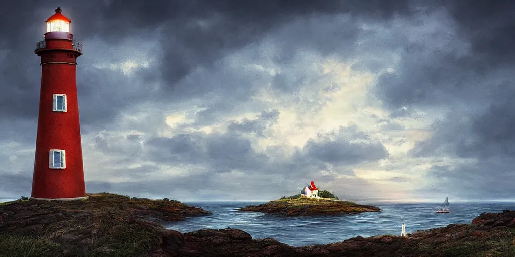 Image similar to Portrait of a lighthouse on an island by the sea, highly detailed, cinematic lighting, digital art, painting by aivasovsky