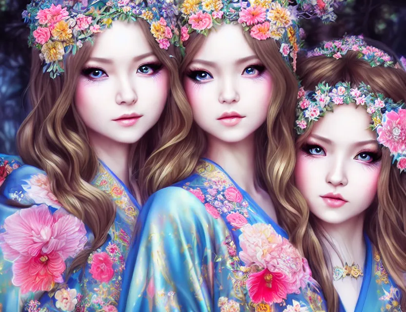 Image similar to two beautiful fashion siberian girls wear fantasy kimono in festival | | big eyes, sunny, dreamlike art, realistic shaded, smile, good looking, hyper details, 4 k realistic, cryengine, realistic shaded lighting poster by artgerm, ross tran, fuji choko, loish, 8 k resolution, trending on artstation, luxury