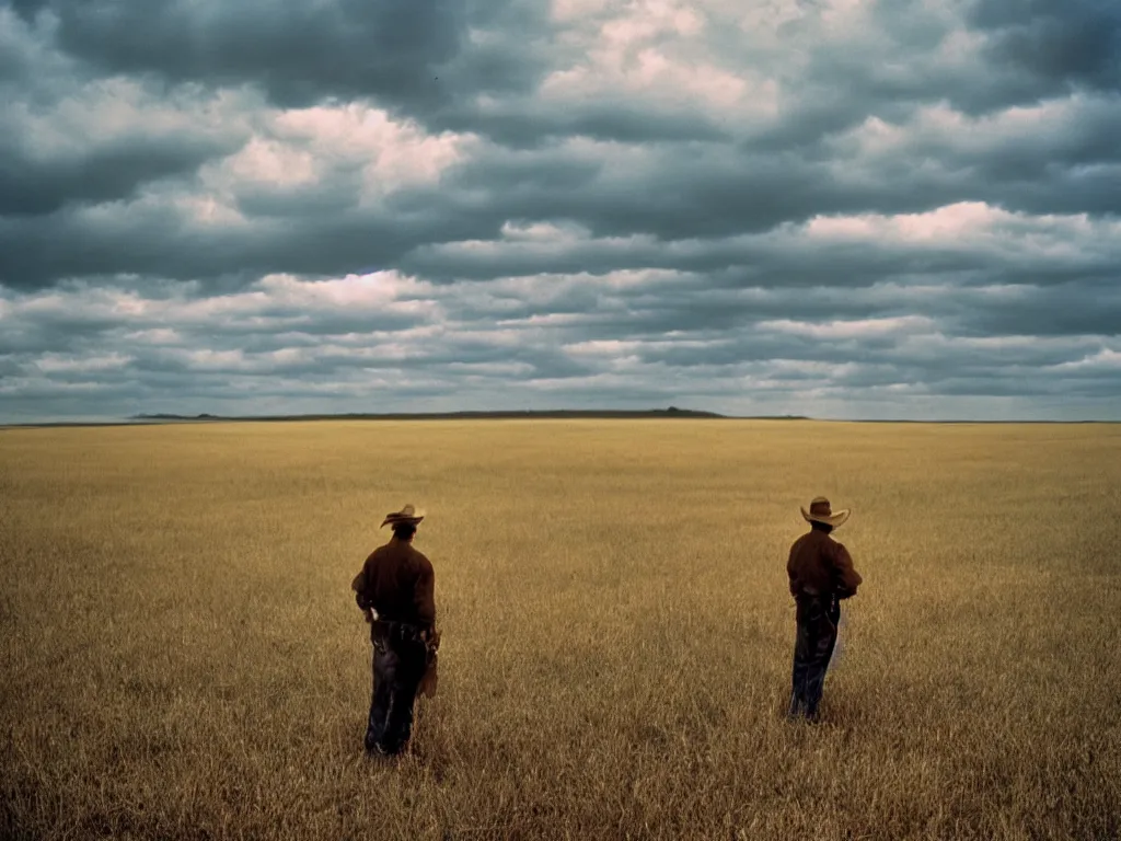 Prompt: Cowboy standing in the prairie and looking at the clouds in the style of Andrei Tarkovsky, cinestill 800t 50mm