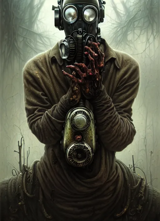 Image similar to portrait shot of zombie with gasmask in a scenic dystopian environment, intricate, elegant, highly detailed, centered, digital painting, artstation, concept art, smooth, sharp focus, illustration, artgerm, tomasz alen kopera, peter mohrbacher, donato giancola, joseph christian leyendecker, wlop, boris vallejo