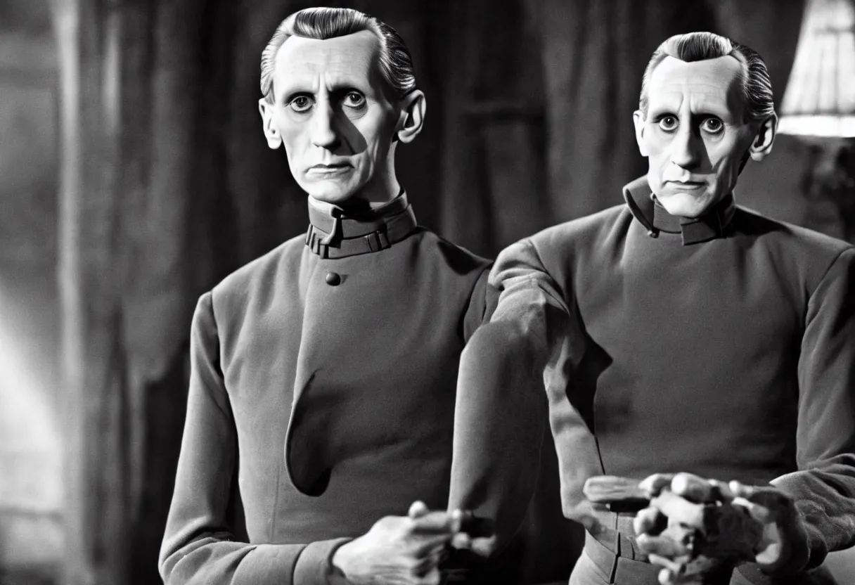 Image similar to still from the Disney plus show Tarkin! based around governor Tarkin’s pre-Empire life as a fading theatre star on Alderraan’s Broadway in the 1960s