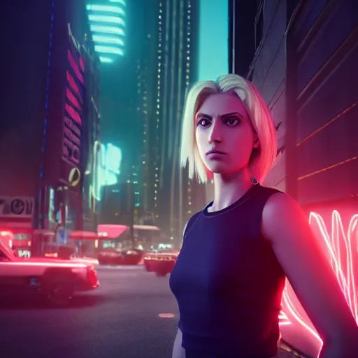 Prompt: Annie Leonhart in a neon city, octane render 8k, atmospheric render, beautiful face