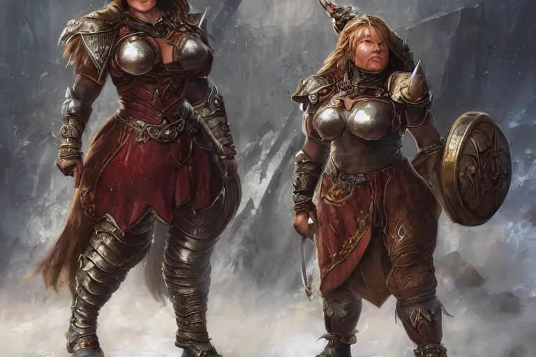 Prompt: robust and mighty female dwarf warrior | short stature | wide body | iron chestplate | Aleksi Briclot |