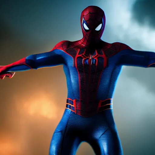 Image similar to ryan reynolds as a black and blue suit spider - man, cinematic, volumetric lighting, f 8 aperture, cinematic eastman 5 3 8 4 film, photorealistic