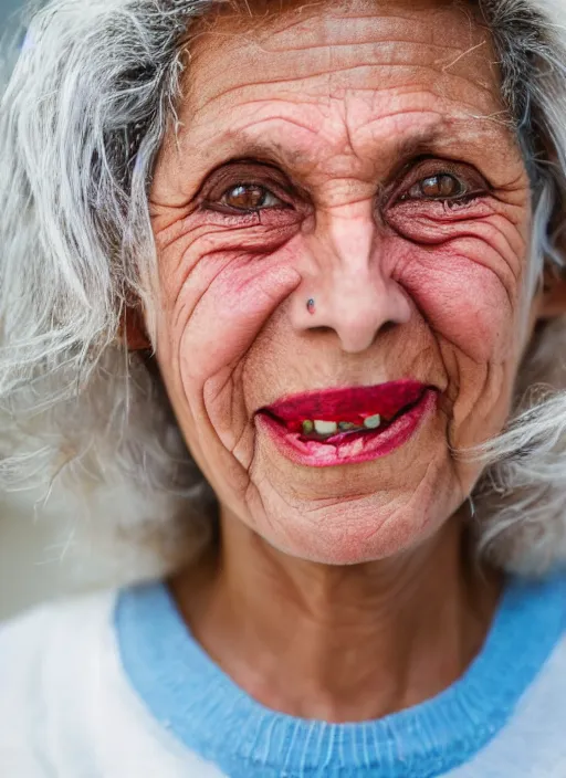 Prompt: close up portrait of a 60-year-old woman from Cyprus, white hair, happy, strong blue and orange colors, candid street portrait in the style of Martin Schoeller award winning, Sony a7R