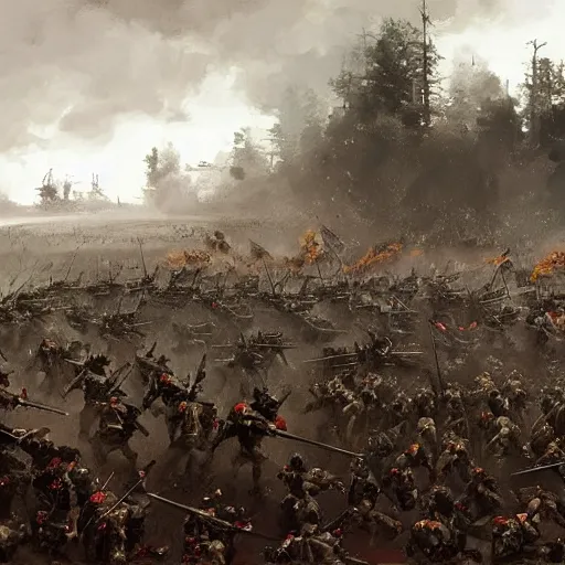 Image similar to two armies prepare for battle in the style of Jakub Rozalski