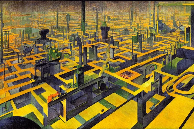 Prompt: isometric view of a factory floor, vats of radioactive slime, catwalks, industrial, glowing with silver light, painting by Franz Marc, by Jean-Léon Gérôme, by Winsor McCay, today's featured photograph, 16K