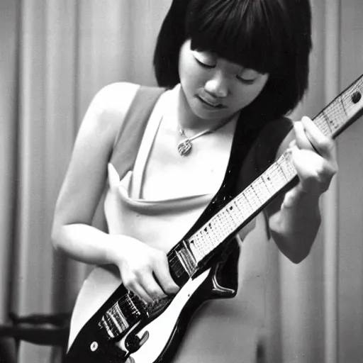 Image similar to a black and white photograph of a female japanese artist playing an electric guitar, 1 9 7 0 s