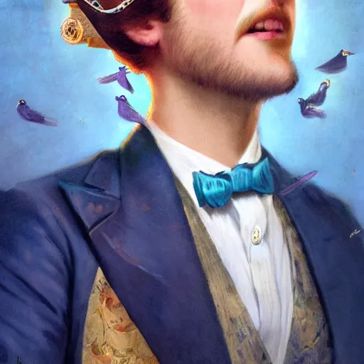 Image similar to an indigo bunting bird wearing a crown and bowtie, he's emperor of the world by greg rutkowski, rossdraws, gil elvgren, enoch bolles, anime, very coherent