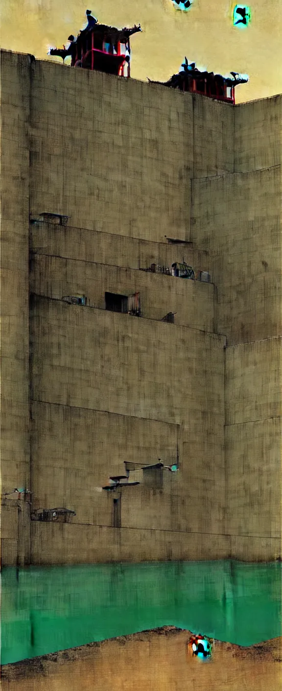 Image similar to a chinese prison near a river by peter doig, muted colors