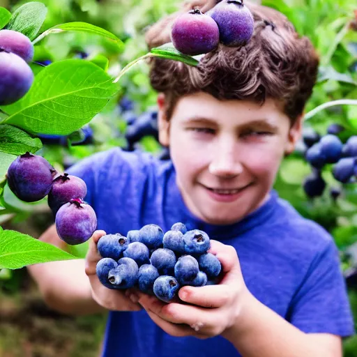 Image similar to a boy steals blueberries from a british garden, hyper realistic, 4 k, photo