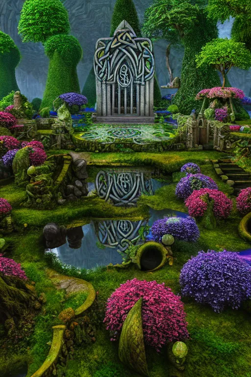 Image similar to photography of a hyper realistic lost celtic elven temple in a magical fantasy garden, mirroring water, colorful flowers, epic scale, insanely complex, hyperdetailed, sharp focus, hyper realism, artstation, cgsociety, 8 k, bright colors, by takato yamamoto, unreal engine 5