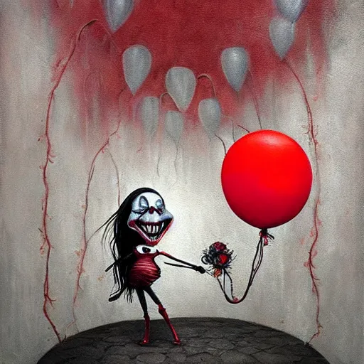 Image similar to grunge painting of underneath hell with a wide smile and a red balloon by chris leib, loony toons style, pennywise style, corpse bride style, horror theme, detailed, elegant, intricate, conceptual, volumetric light