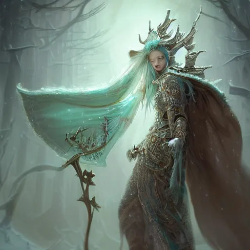 Image similar to an epic concept art of a handsome snow elf in a turquoise cape and glittering silver ornate armour stringing a bow, albino skin, winter vibes, evocative dramatic mood, intricate, elegant, by tomasz alen kopera, sharp focus, octane render, unreal 5, trending on artstation