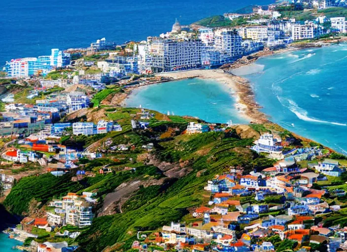 Prompt: down angled view of an anime seaside town, ocean, town, beach, hills