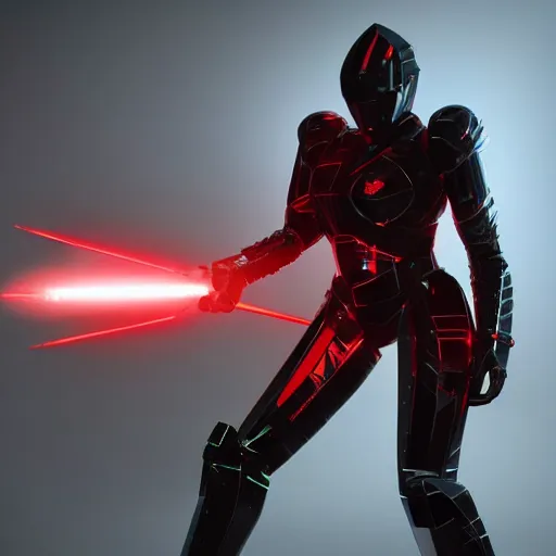 Image similar to “ shiny black angular polygonal sci - fi armor cinematic shot dynamic pose red glowing lines deviant art art station 4 k octane render bloom effect ”