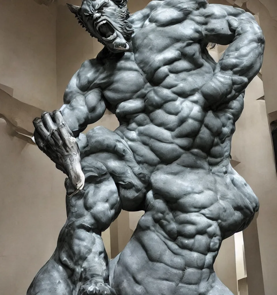 Prompt: a huge marble statue of wolverine by Rodin