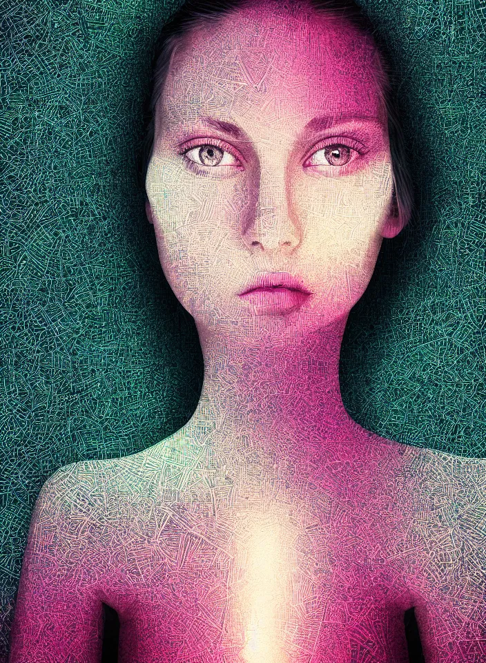 Prompt: symmetry!! cancer!!!!! center of frame a portrait of a beautiful girl with computer science readouts and graphics overlaid textures, canvas texture in the style of contemporary art complex, dramatic lighting, intricate, highly detailed, sharp focus, luminous