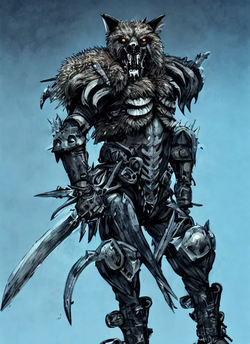 Prompt: Full body portrait of a scary gnoll wolf man. Armour made of human skulls. Giant War Scythe. Glowing blue eyes In style of Yoji Shinkawa and Hyung-tae Kim, trending on ArtStation, dark fantasy, great composition, concept art, highly detailed.