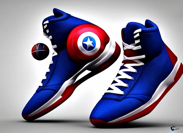 Prompt: basketball sneakers concept of captain america, picture by tim burton, render, cinema 4 d, octane render