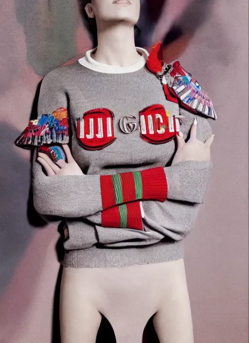 Image similar to a beautiful girl in a gucci sweater is creating a new city photographed by maurizio cattelan and pierpaolo ferrari with the art direction of micol talso for toiletpaper magazine