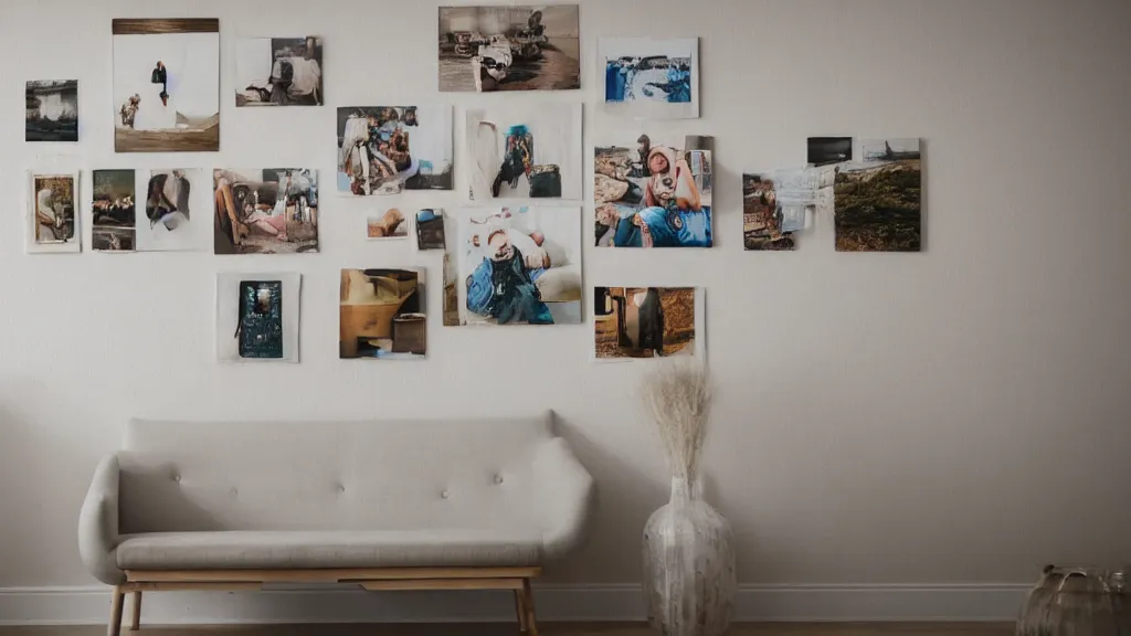 Prompt: pictures hanging on a wooden wall. hard key light.