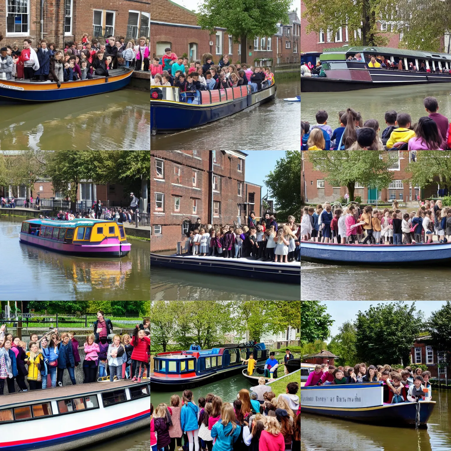 Prompt: A canal boat sailing through a canal in a high school playground, dozens of schoolchildren watch excitedly