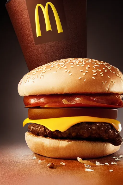 Image similar to mcdonalds hamburger smashed by a giant fist, commercial photography