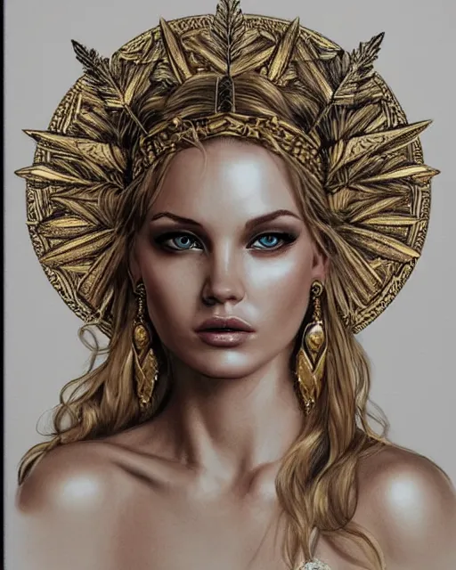 Image similar to tattoo sketch of hot blonde super model as aphrodite greek goddess wearing a gold laurel wreath and triangle earrings, beautiful piercing gaze with sharp pupils, in the style of greg rutkowski, fantasy, amazing detail, epic, elegant, smooth, sharp focus, front view