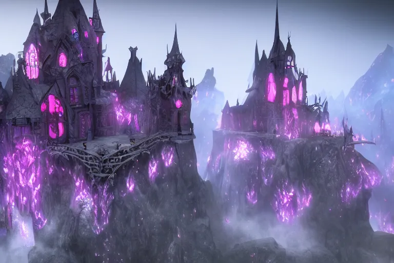 Image similar to big evil fairy castle - city rock dark shadow elves, might and magic heroes 7, dark fantasy, shadows, artstation trending, unreal engine 5, red