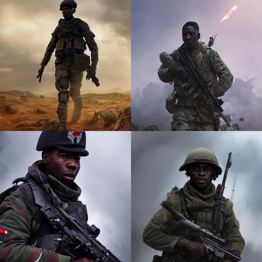 Prompt: Portrait of a black modern British army soldier in full gear carefully moving through enemy territory, cinematic lighting, front lighting, 4k, award-winning, by Greg Rutkowski, full body,