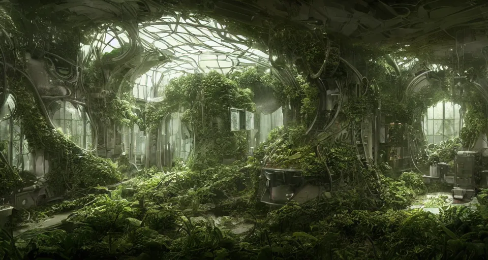 Image similar to inside a spaceship living quarters overgrown with plant life and ivy, artgerm, yoshitaka amano, gothic interior, 8 k, octane render, unreal engine