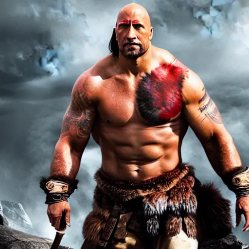 Image similar to dwayne johnson as kratos 4 k detailed