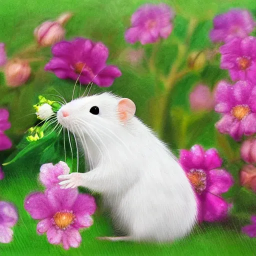 Image similar to photo realistic white rat holding a flower cinematic composition, hyper realism, cute