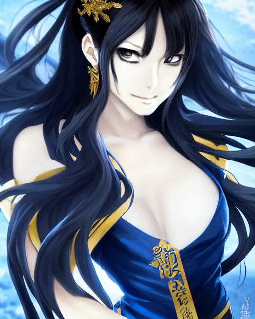 Prompt: anime character portrait of a female martial artist!! long black hair! blue eyes! kicking!! elegant, intricate outfit gold and white outfit! fine details by stanley artgerm lau, wlop, rossdraws, james jean, andrei riabovitchev, marc simonetti, and sakimichan, trembling on artstation