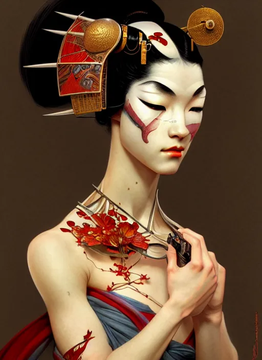 Prompt: cyborg geisha, diffuse lighting, fantasy, intricate, elegant, highly detailed, lifelike, photorealistic, digital painting, artstation, illustration, concept art, smooth, sharp focus, art by John Collier and Albert Aublet and Krenz Cushart and Artem Demura and Alphonse Mucha