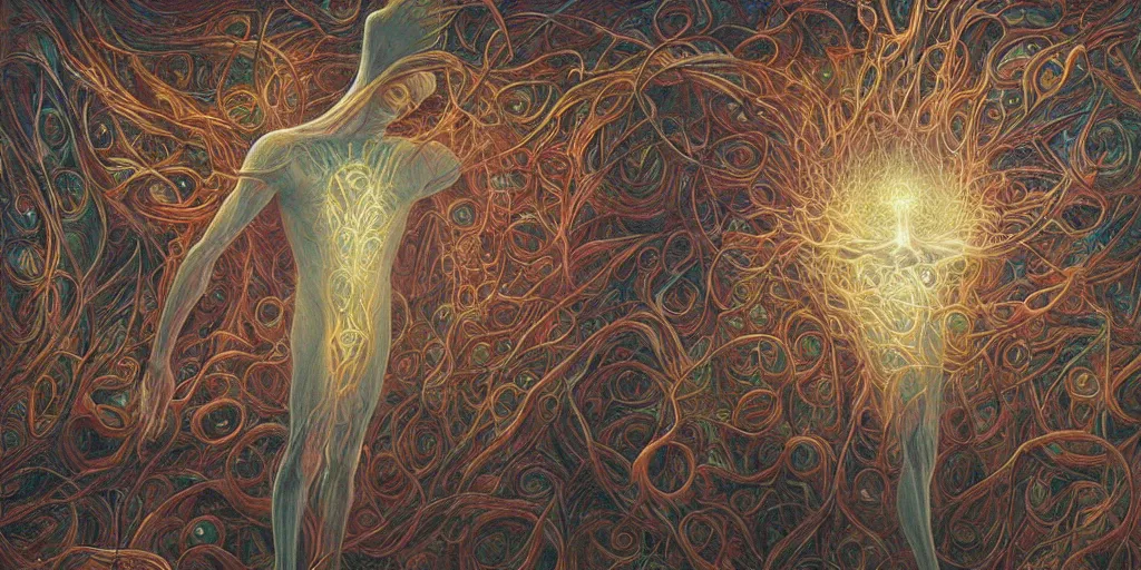 Prompt: i do not remember being born, volumetric lighting and shadows, concept art, biomechanical, realistic oil painting by alex grey and gustave dore,