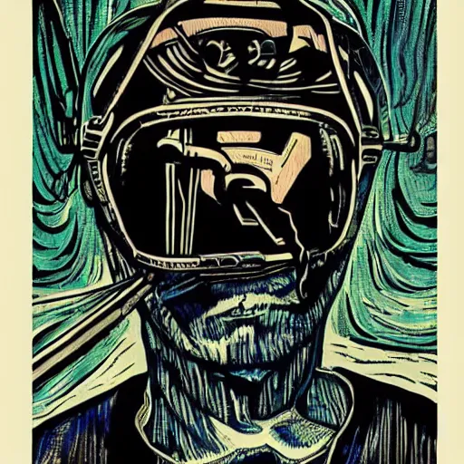 Image similar to Illustrated by Shepard Fairey and H.R. Giger | ((Cyberpunk Van Gogh with VR helmet, surrounded by cables))