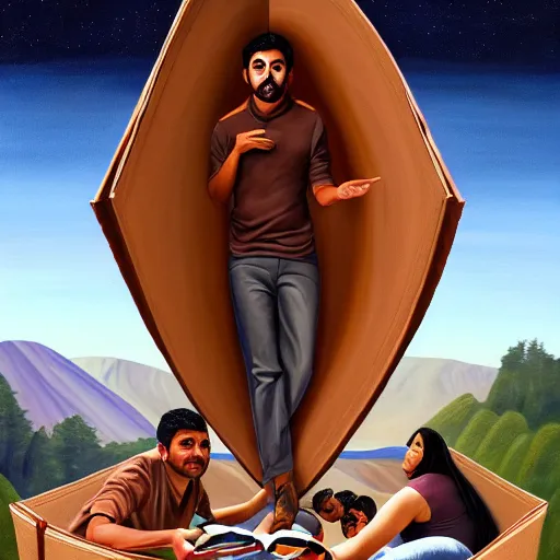 Image similar to a painting of three brown men and a brown woman emerging out of a giant open book, hyperrealistic faces, detailed digital art, aesthetic!, trending on artstation