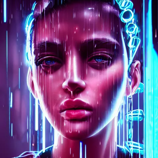 Image similar to stylish cartoon portrait made out of rain, cyberpunk background, rendered in octane, unreal engine, highly detailed, trending on artstation, realistic, splashes of neon, beautiful, handsome, depth of field, glowing eyes